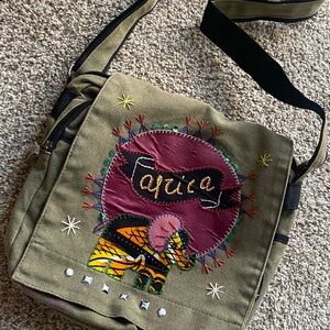 Fino Olive Canvas Crossbody Bag with Africa and  Elephant Embroidery